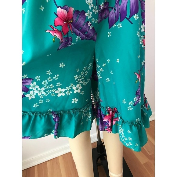 70s Hawaiian Floral Jumpsuit Mod Blue Maxi Romper Tropical Teal - Picture 3 of 10